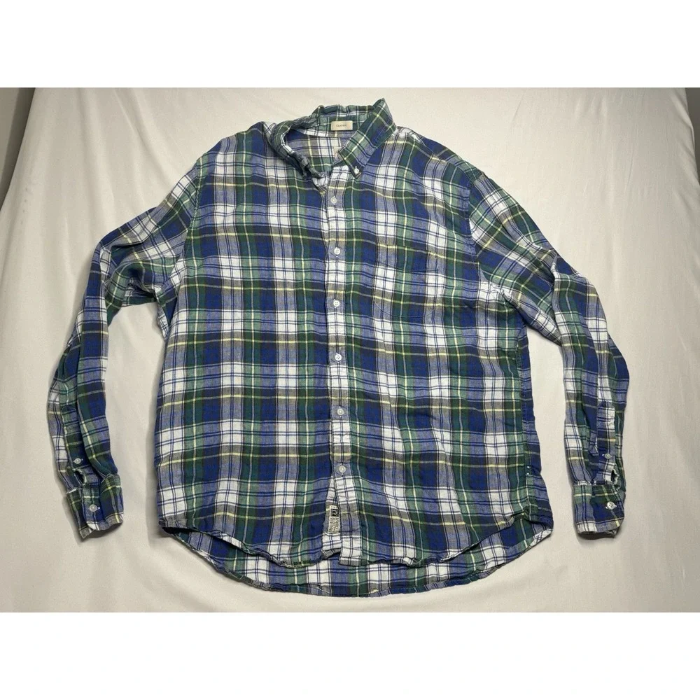 J Crew Shirt XL Baird‎ McNutt 100% Irish Linen Blue Plaid Classic Fit Size XL